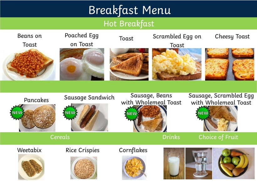 Breakfast club menu for tables